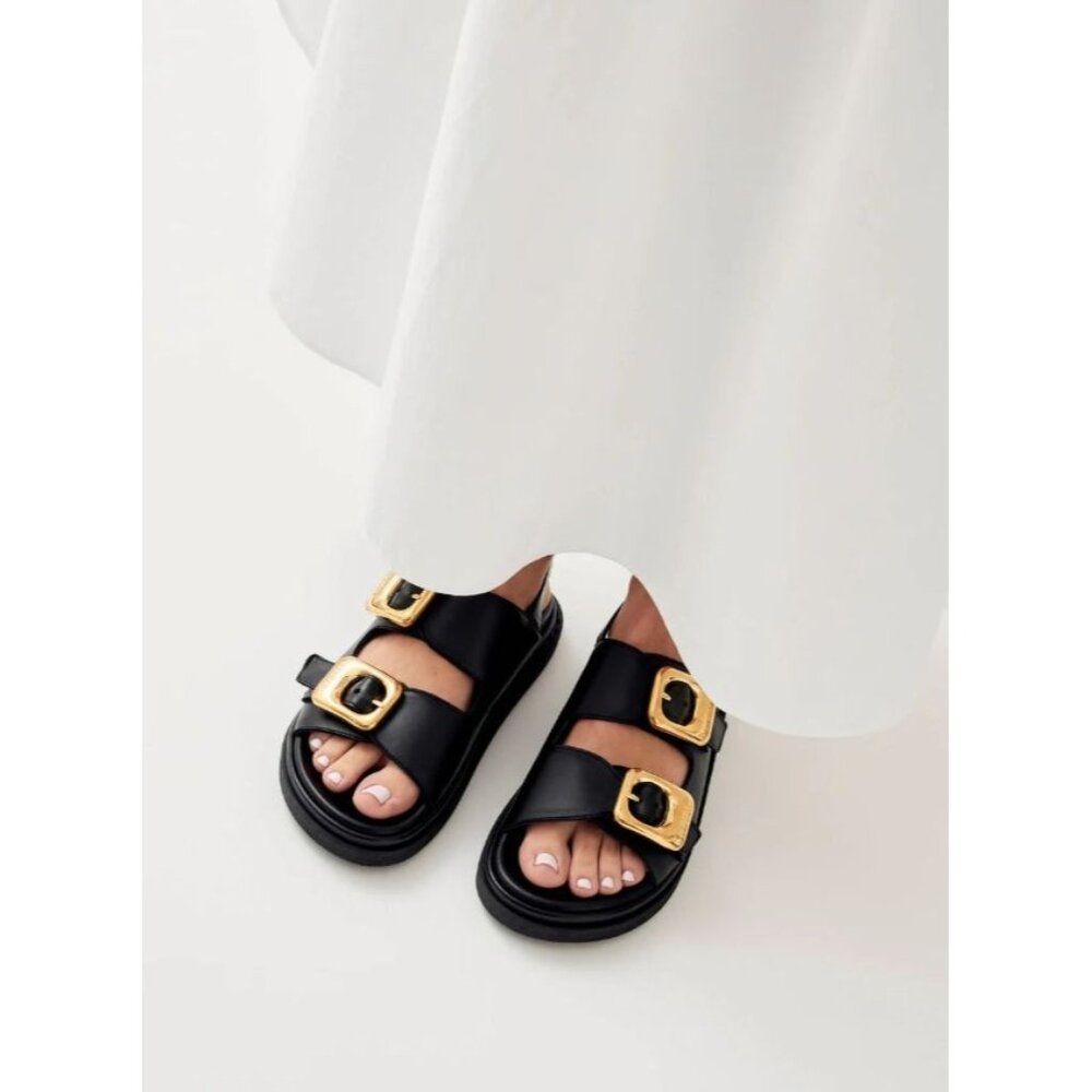 Alohas Black Leather Double Gold Buckle Round Toe Daria Sandals Women's Size 9 - Picture 2 of 14